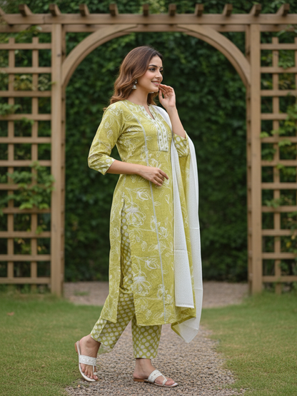 Floral Printed Mirror Work, Embroidered & Lace Straight Kurta with Pant & Dupatta - Lime Green