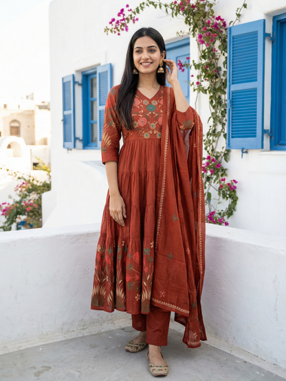 Floral Printed & Solid Embroidered A-Line Kurta with Pant & Dupatta - Rust
