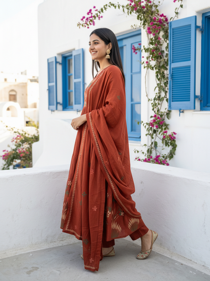 Floral Printed & Solid Embroidered A-Line Kurta with Pant & Dupatta - Rust