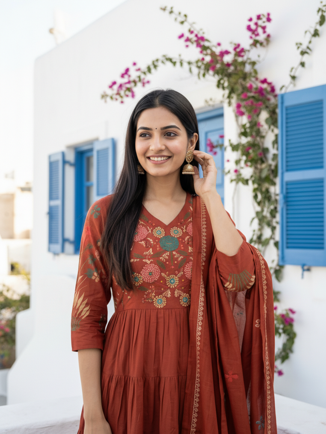 Floral Printed & Solid Embroidered A-Line Kurta with Pant & Dupatta - Rust