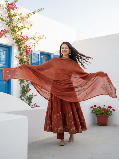 Floral Printed & Solid Embroidered A-Line Kurta with Pant & Dupatta - Rust