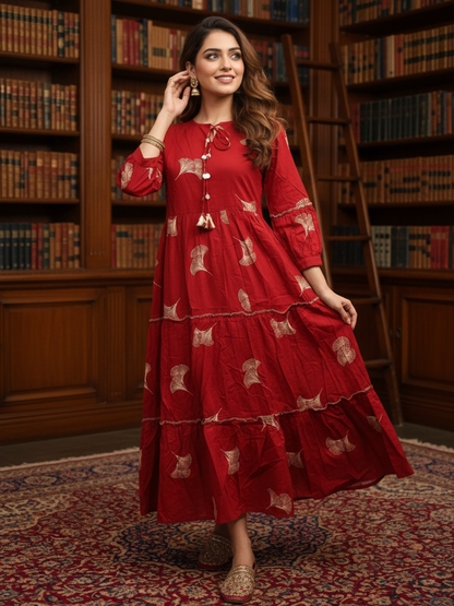 Floral & Abstract Printed Sequin Embellished Fit & Flare Maxi Dress - Rust