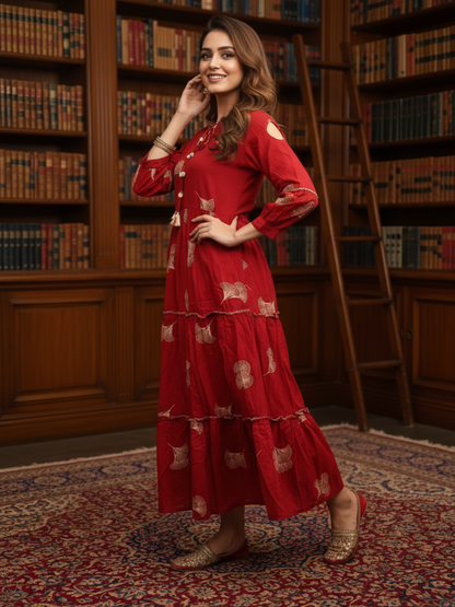 Floral & Abstract Printed Sequin Embellished Fit & Flare Maxi Dress - Rust