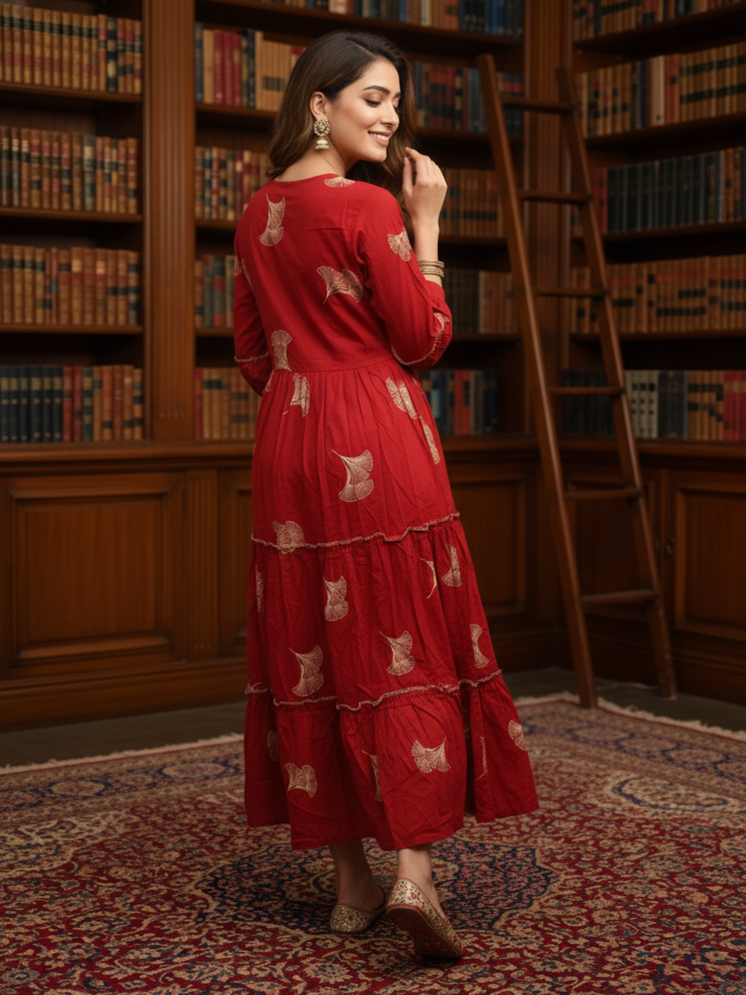 Floral & Abstract Printed Sequin Embellished Fit & Flare Maxi Dress - Rust