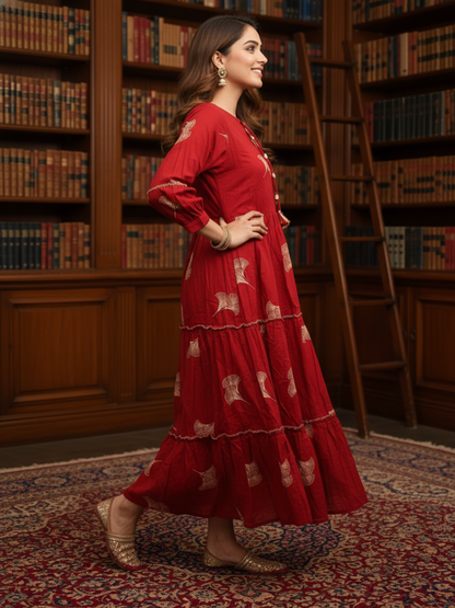 Floral & Abstract Printed Sequin Embellished Fit & Flare Maxi Dress - Rust