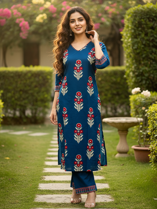 Ethnic Printed Sequin Embellished Straight Kurta with Pant - Navy Blue
