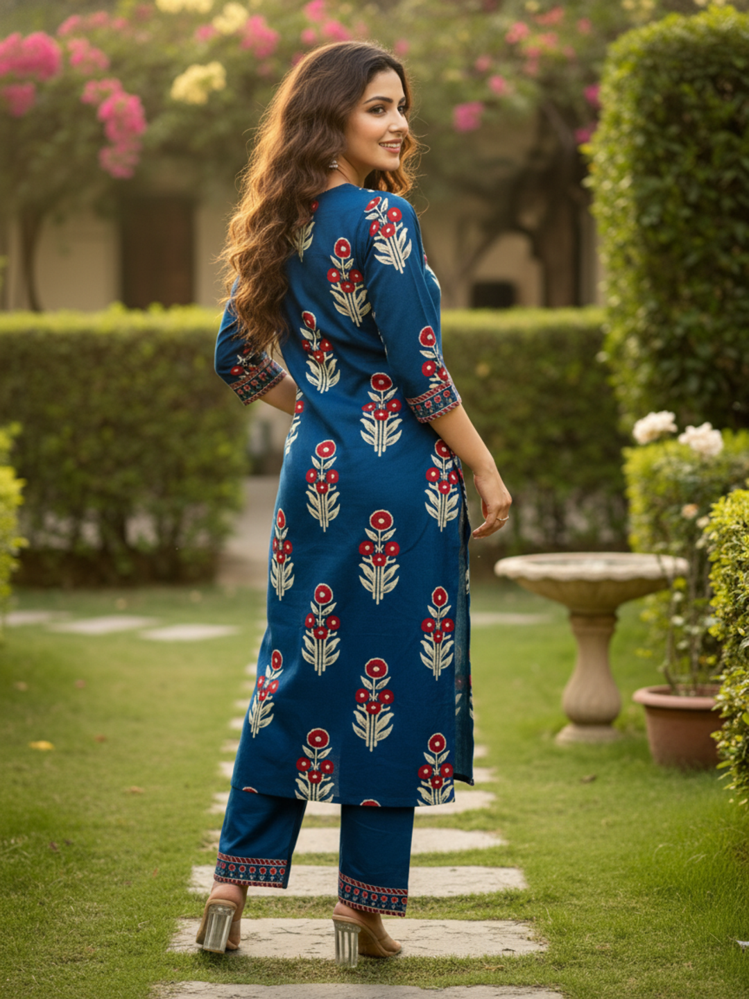 Ethnic Printed Sequin Embellished Straight Kurta with Pant - Navy Blue