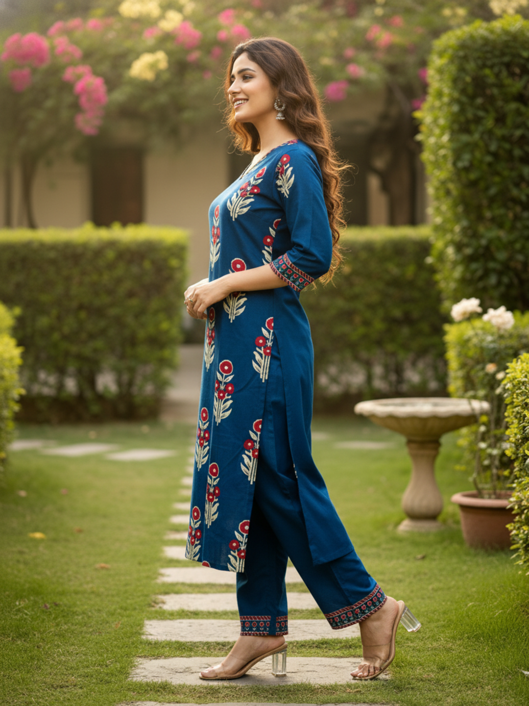 Ethnic Printed Sequin Embellished Straight Kurta with Pant - Navy Blue