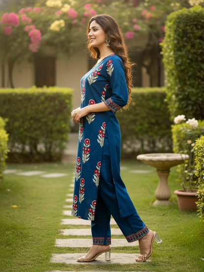 Ethnic Printed Sequin Embellished Straight Kurta with Pant - Navy Blue