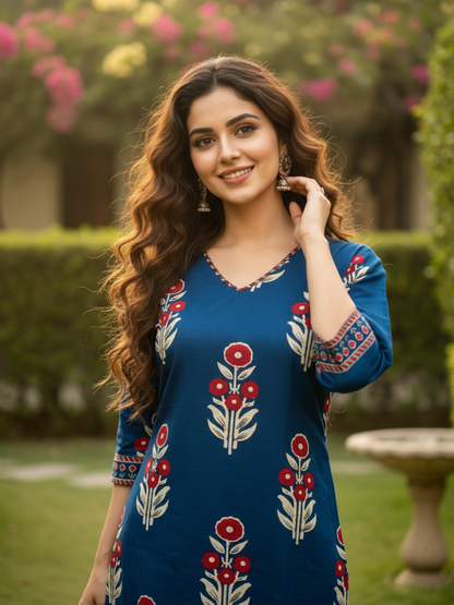 Ethnic Printed Sequin Embellished Straight Kurta with Pant - Navy Blue