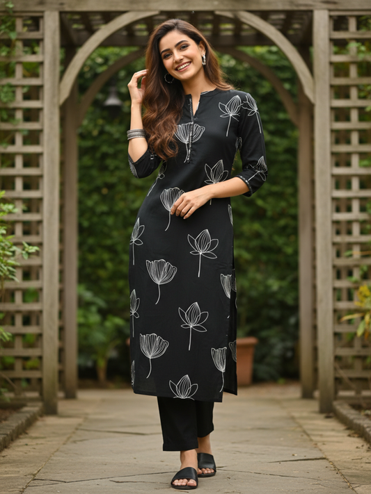 Floral Printed Mirror Work Straight Kurta with Pant - Black