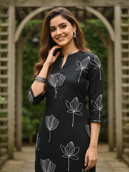 Floral Printed Mirror Work Straight Kurta with Pant - Black