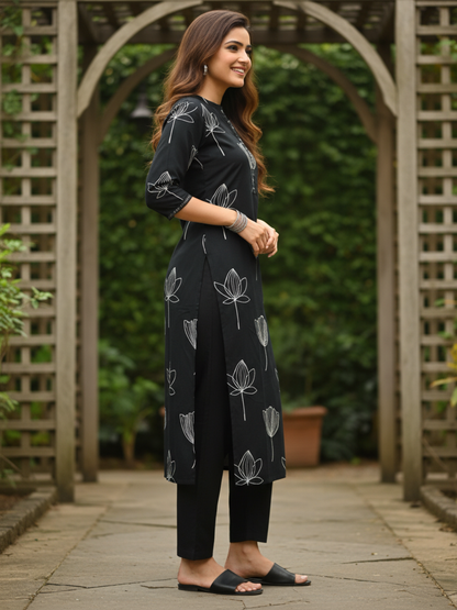 Floral Printed Mirror Work Straight Kurta with Pant - Black