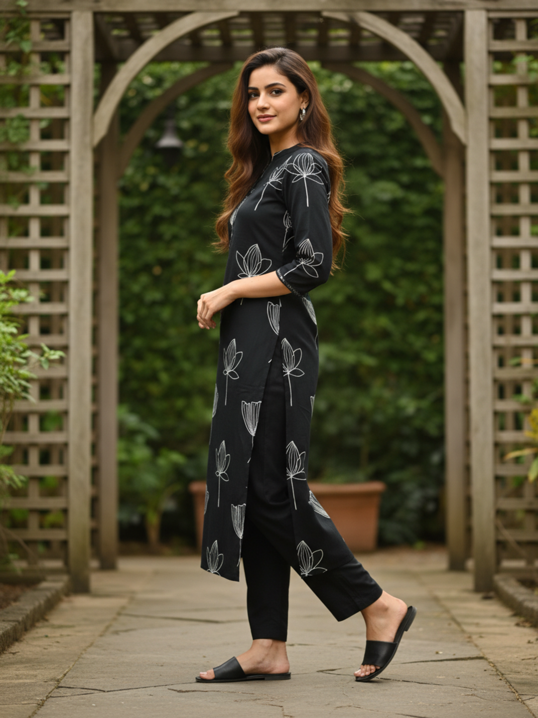 Floral Printed Mirror Work Straight Kurta with Pant - Black