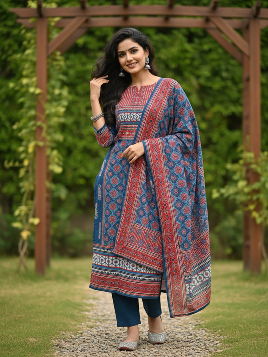 Ethnic Printed Mirror Work & Sequin Embellished Straight Kurta with Pant & Dupatta - Blue