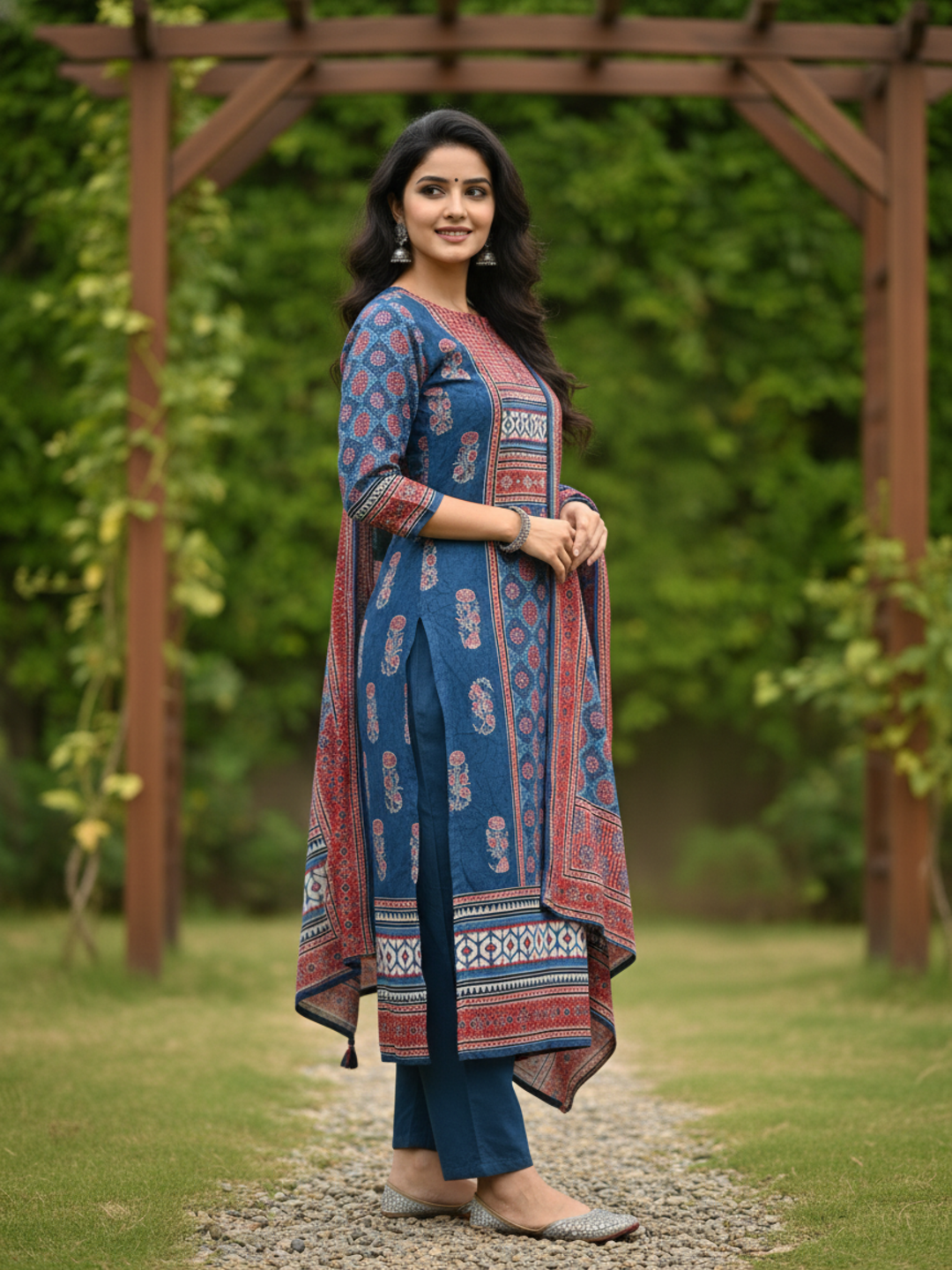 Ethnic Printed Mirror Work & Sequin Embellished Straight Kurta with Pant & Dupatta - Blue