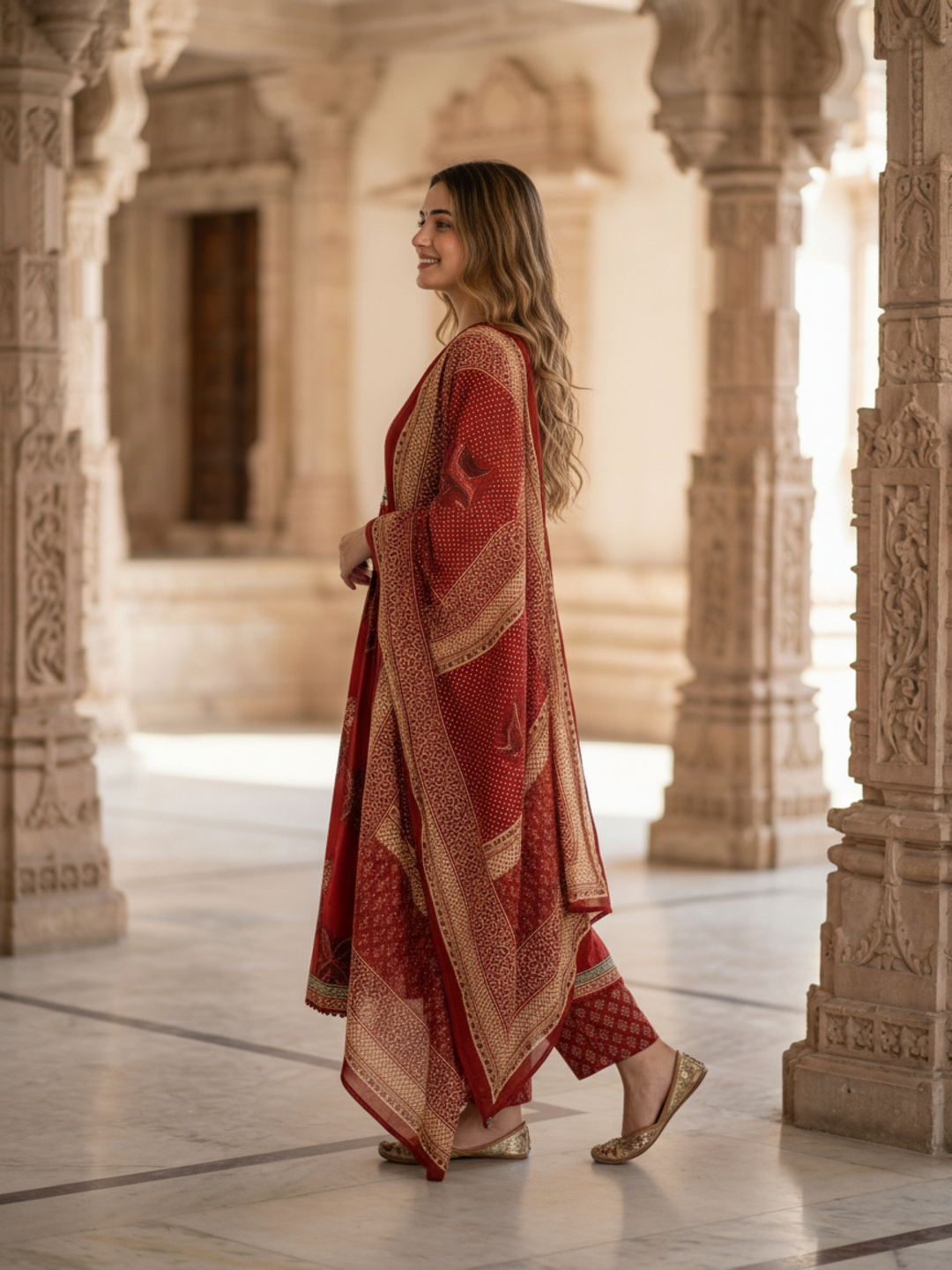 Ethnic Printed Mirror Work A-Line Kurta with Pyjama & Dupatta - Rust