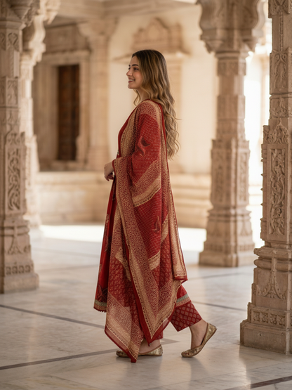 Ethnic Printed Mirror Work A-Line Kurta with Pyjama & Dupatta - Rust