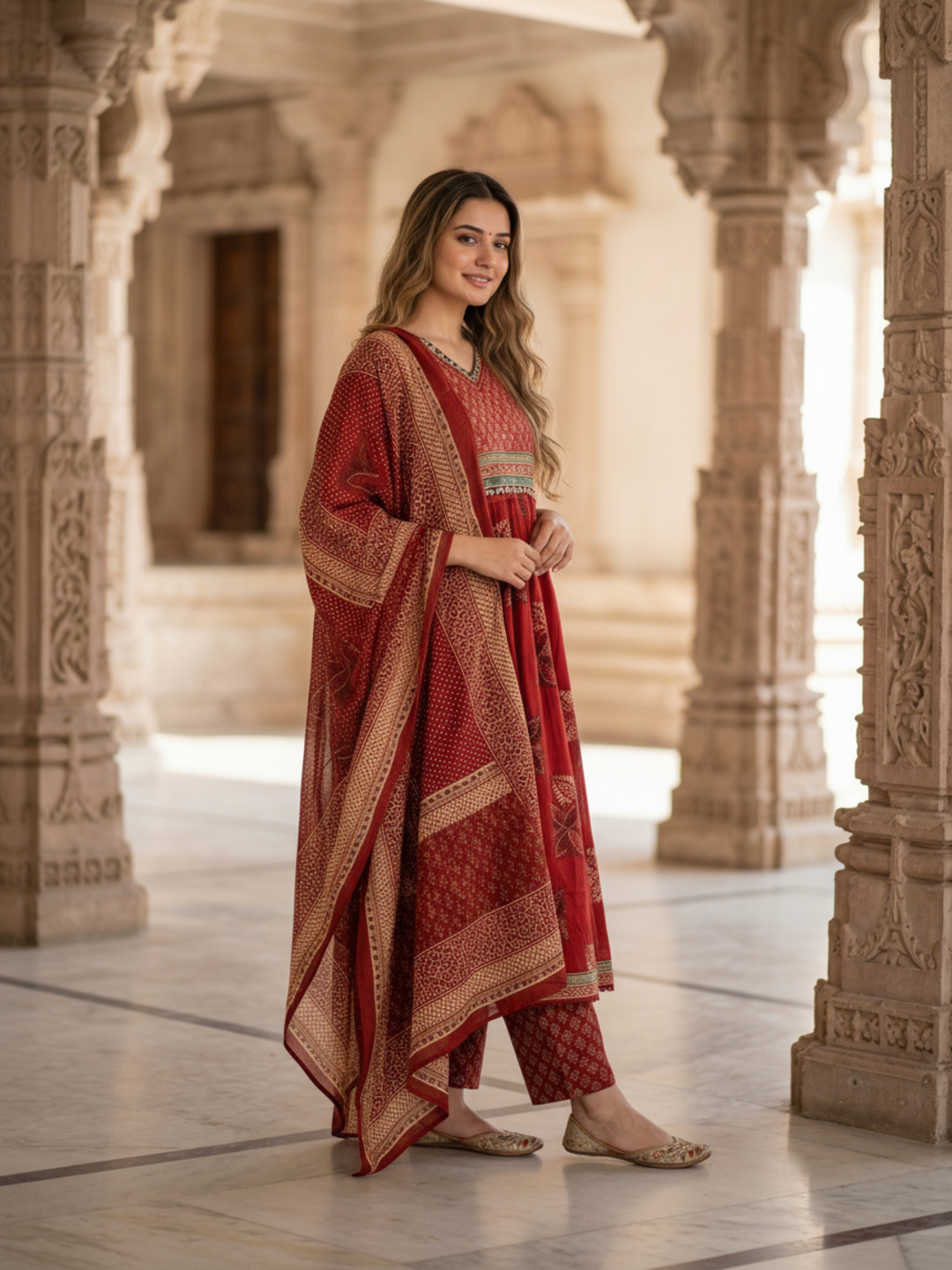 Ethnic Printed Mirror Work A-Line Kurta with Pyjama & Dupatta - Rust