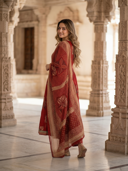 Ethnic Printed Mirror Work A-Line Kurta with Pyjama & Dupatta - Rust