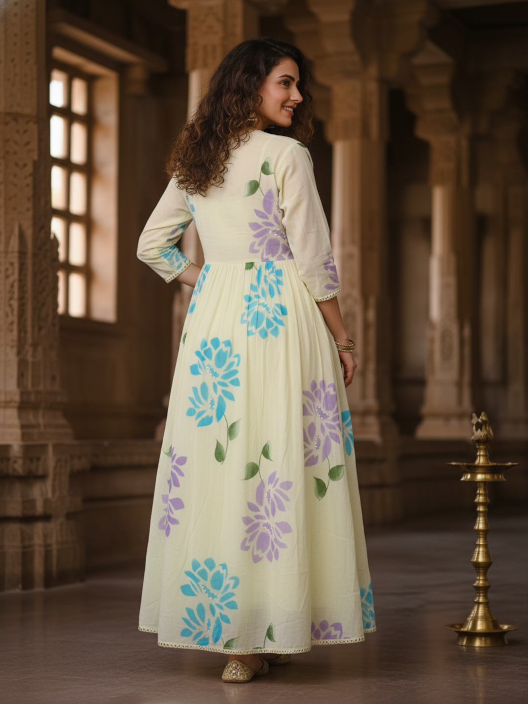 Hand-Painted Floral Mirror Work Layered Anarkali Dress with Jacket - Yellow