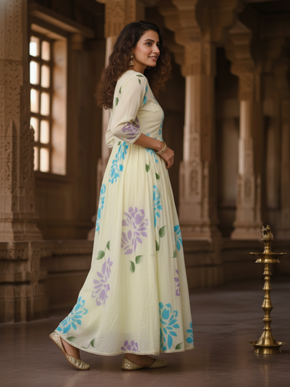 Hand-Painted Floral Mirror Work Layered Anarkali Dress with Jacket - Yellow