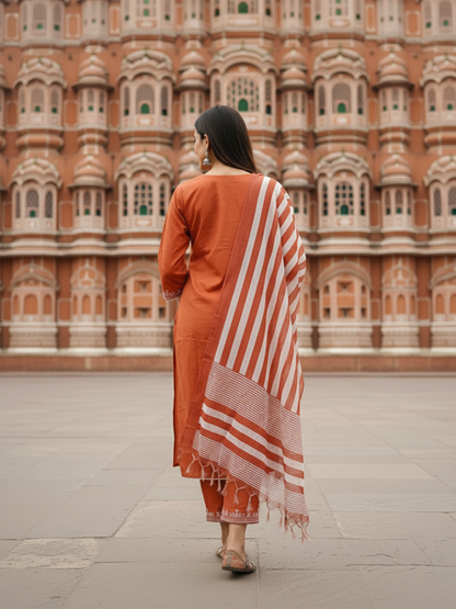 Solid Embroidered Straight Kurta with Palazzo & Dupatta - Rust