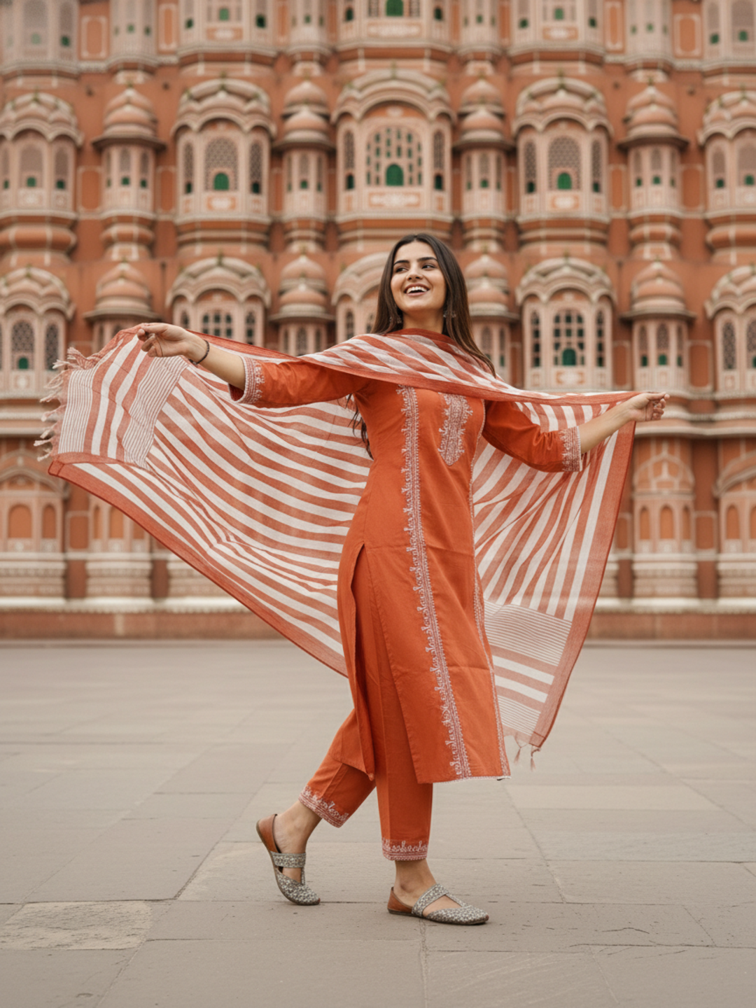 Solid Embroidered Straight Kurta with Palazzo & Dupatta - Rust