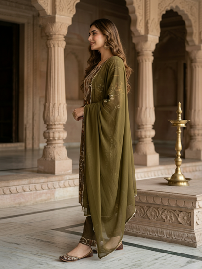 Abstract Floral Printed Embroidered Straight Kurta with Palazzo & Dupatta - Mehndi Green