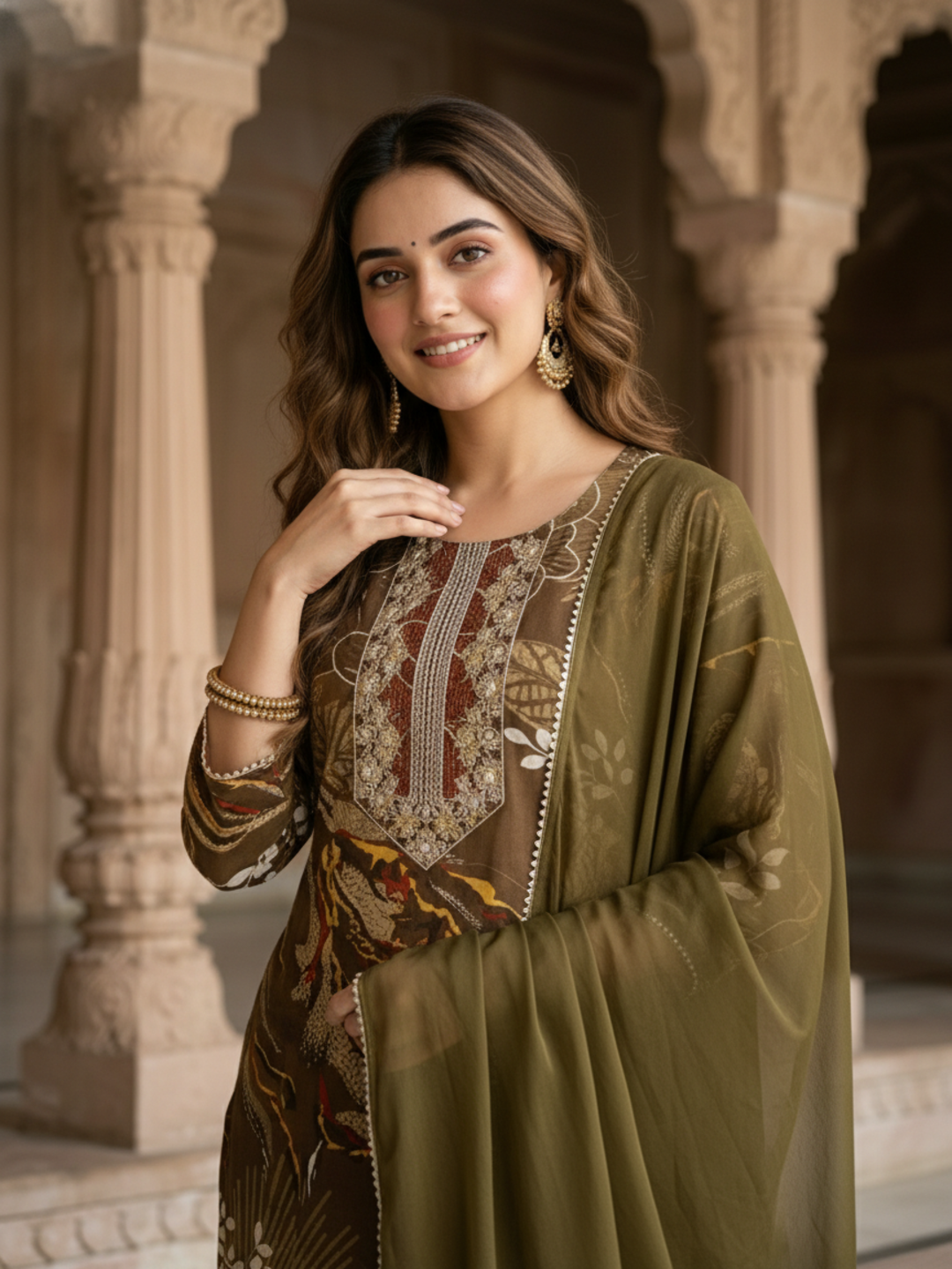 Abstract Floral Printed Embroidered Straight Kurta with Palazzo & Dupatta - Mehndi Green