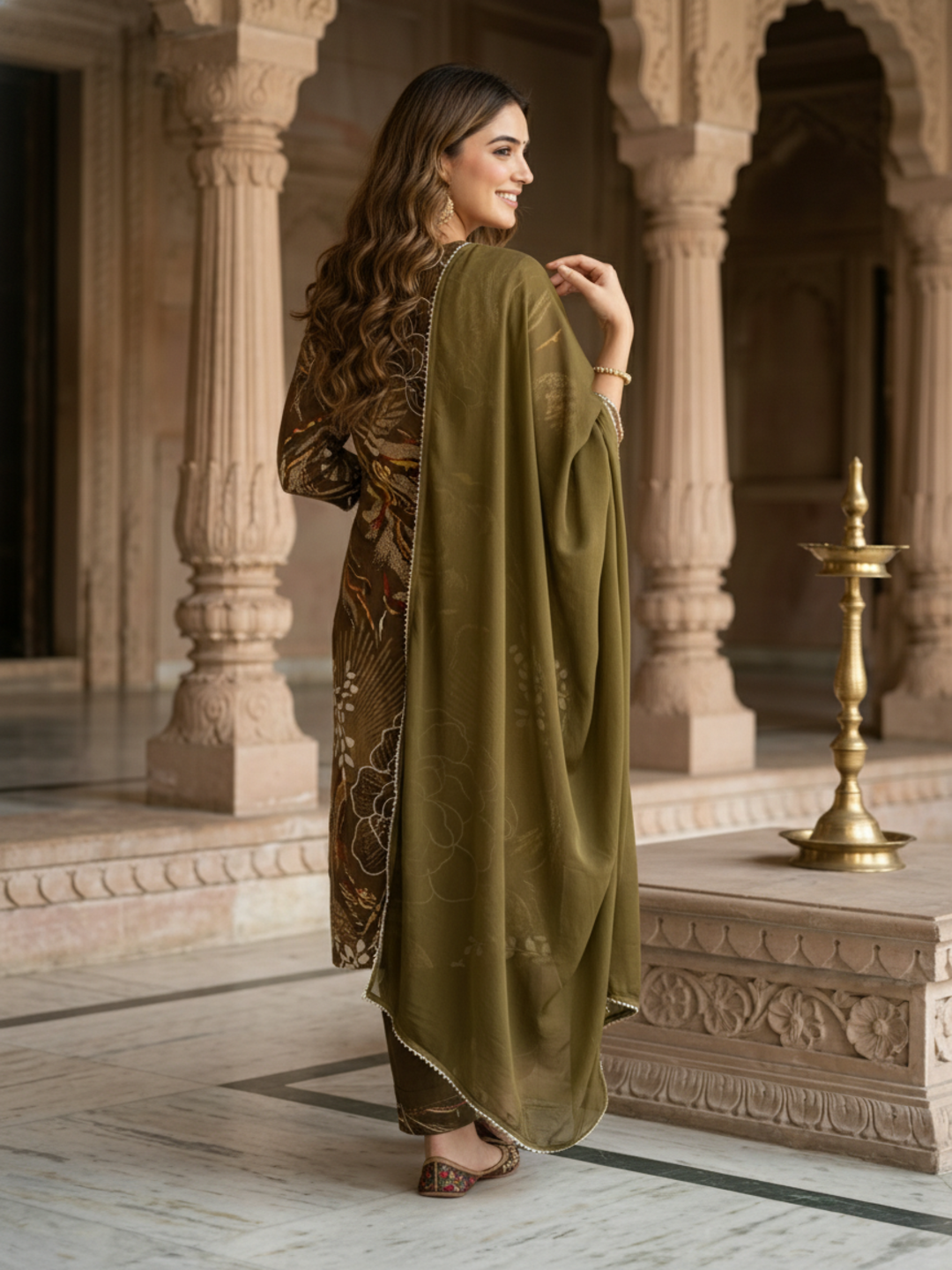 Abstract Floral Printed Embroidered Straight Kurta with Palazzo & Dupatta - Mehndi Green