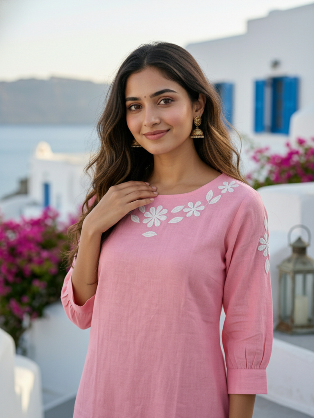 Solid Floral Patchwork Embroidered A-Line Top with Palazzo - Pink