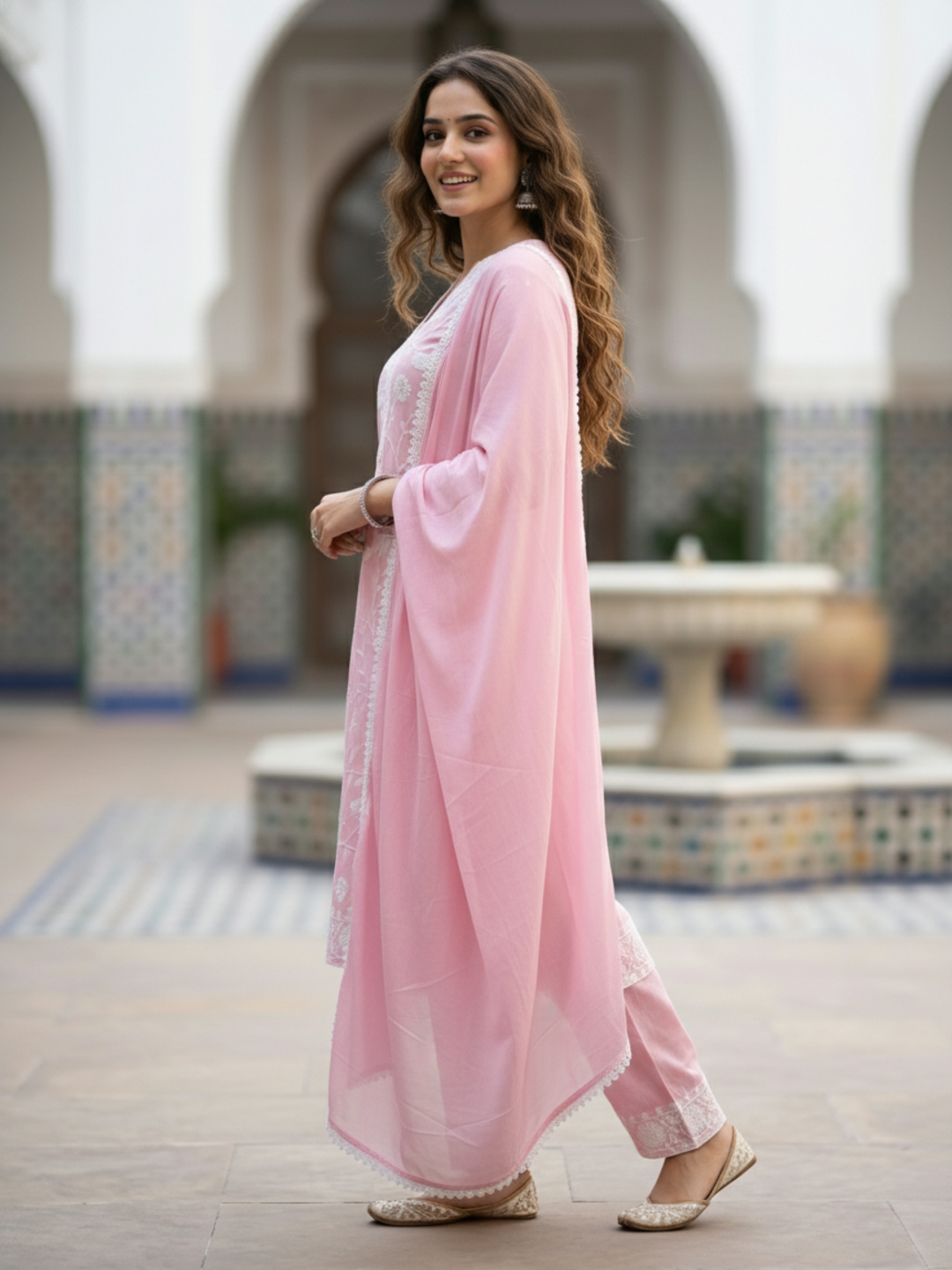 Solid Chikankari Embroidered Straight Kurta with Palazzo & Dupatta - Pink