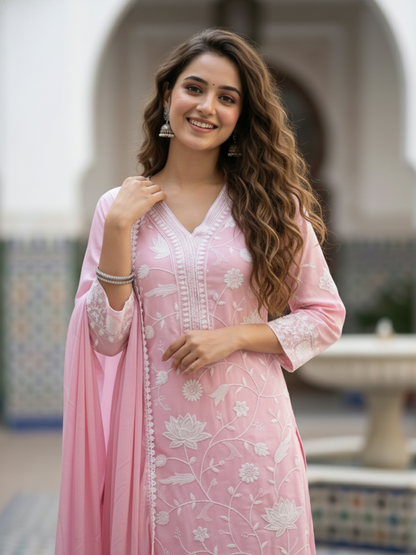 Solid Chikankari Embroidered Straight Kurta with Palazzo & Dupatta - Pink