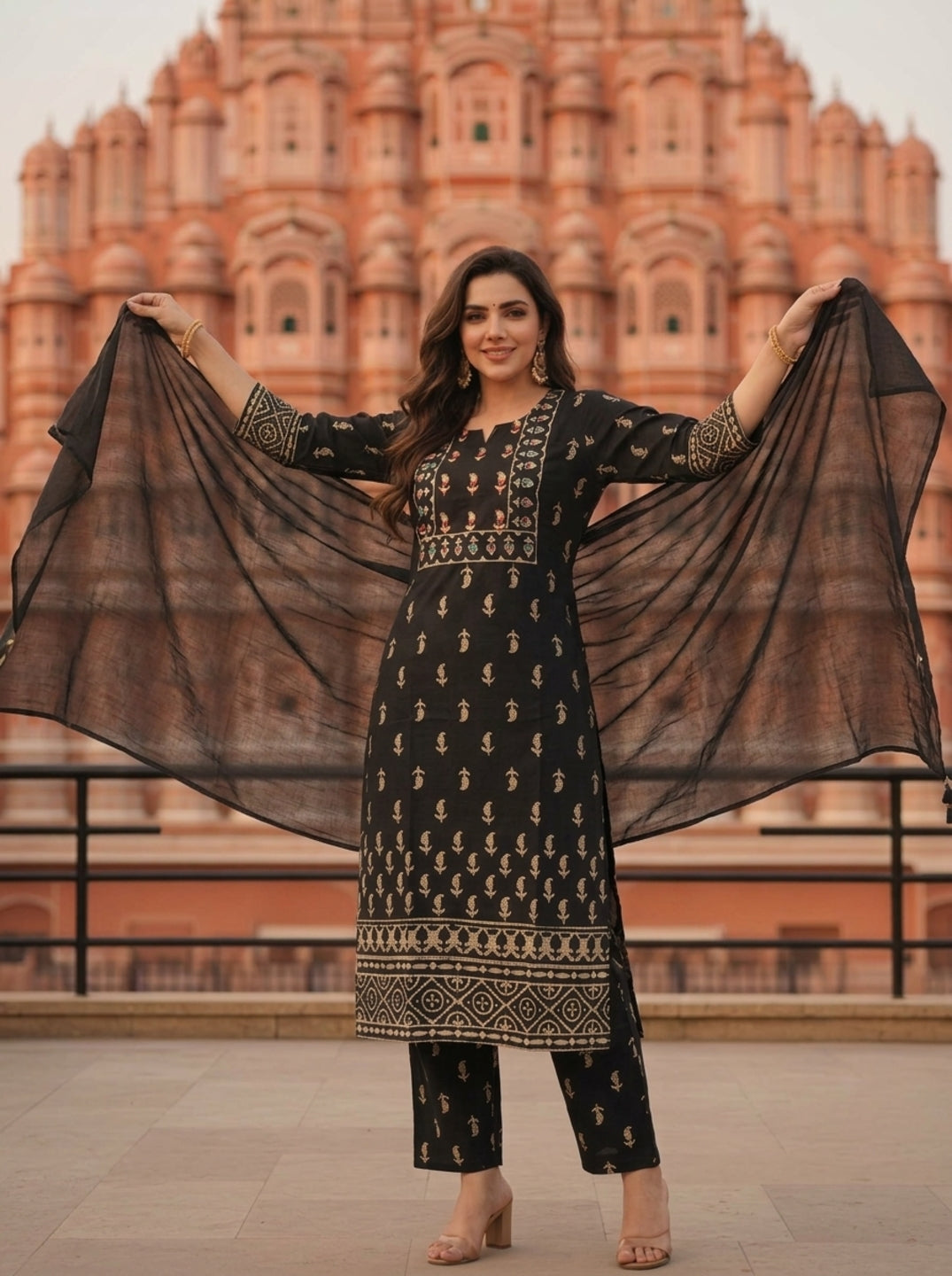 Black Ethnic Printed Mirror Embroidered Cotton Straight Kurta Set with Pant and Dupatta
