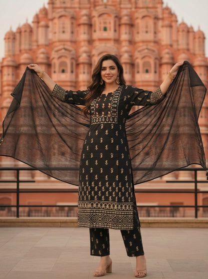 Black Ethnic Printed Mirror Embroidered Cotton Straight Kurta Set with Pant and Dupatta