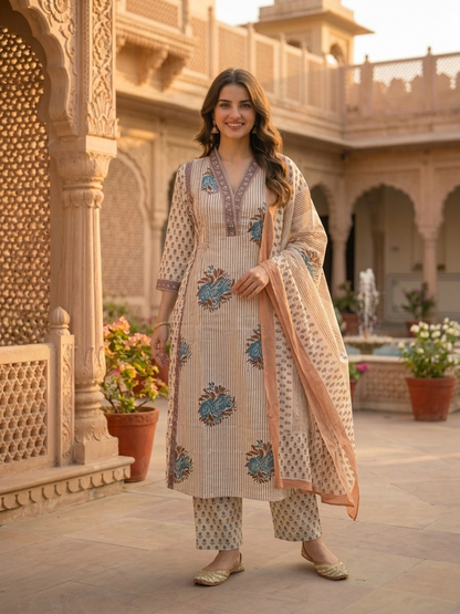 Beige Ethnic Floral Printed Cotton A-Line Kurta Set with Sequin & Embroidery, Shawl Collar, Palazzo & Printed Pure Cotton Dupatta