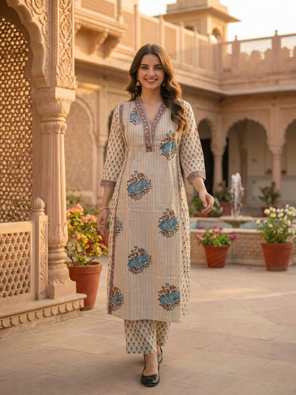 Beige Ethnic Floral Printed Cotton A-Line Kurta Set with Sequin & Embroidery, Shawl Collar, Palazzo & Printed Pure Cotton Dupatta