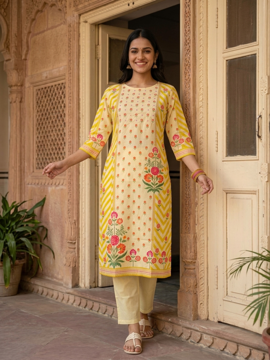 Lemon Yellow Floral Cotton Kurta Set with Embroidery, Pant & Printed Dupatta
