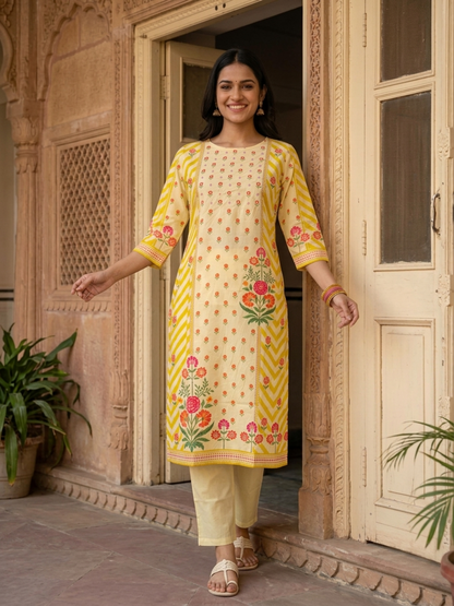 Lemon Yellow Floral Cotton Kurta Set with Embroidery, Pant & Printed Dupatta
