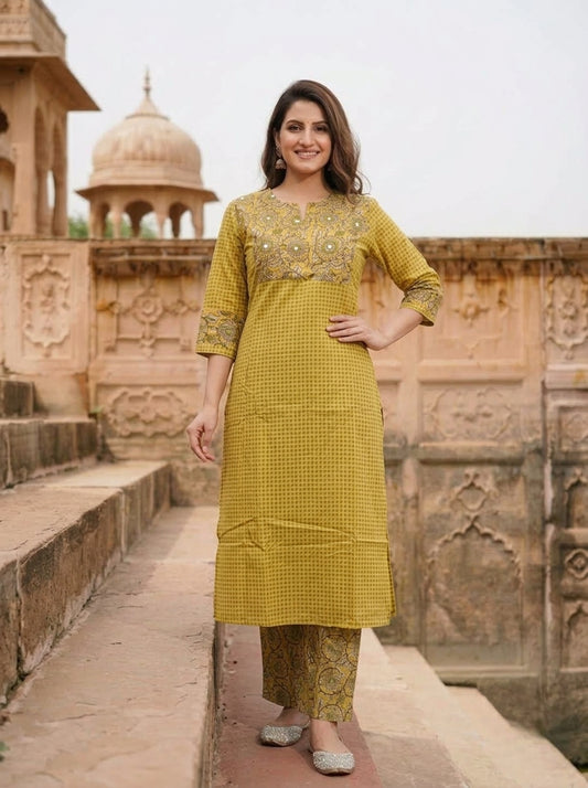 Yellow Kalamkari Floral Printed Embroidered Cotton Blend Straight Kurta Set with Palazzo