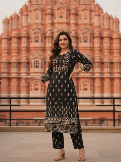 Black Ethnic Printed Mirror Embroidered Cotton Straight Kurta Set with Pant and Dupatta