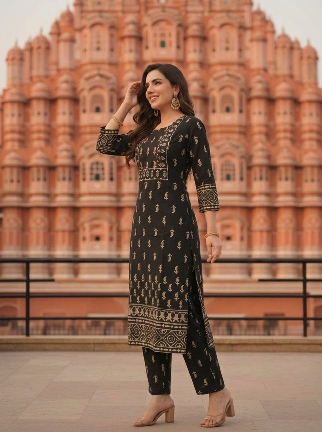 Black Ethnic Printed Mirror Embroidered Cotton Straight Kurta Set with Pant and Dupatta