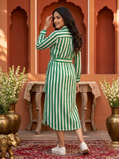 Green & White Striped Cotton Blend Straight Kurta with Shirt Collar & Side Tie-Up