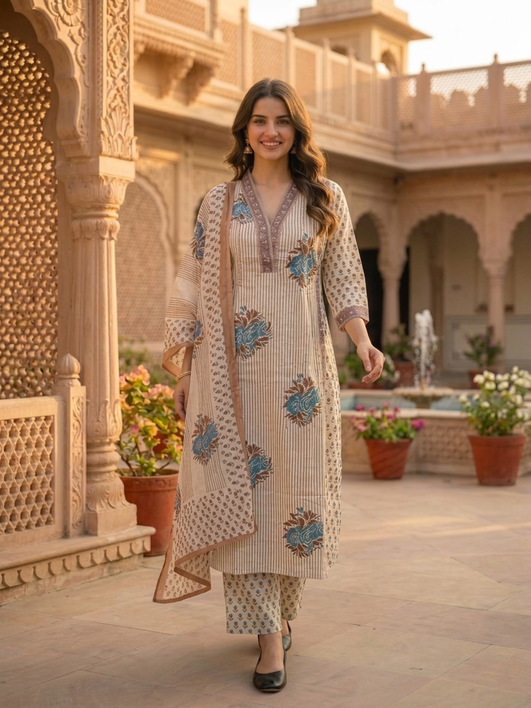 Beige Ethnic Floral Printed Cotton A-Line Kurta Set with Sequin & Embroidery, Shawl Collar, Palazzo & Printed Pure Cotton Dupatta