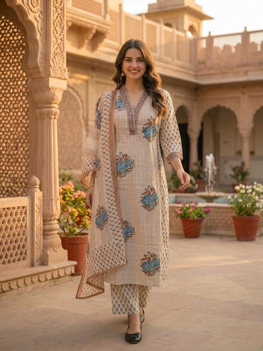 Beige Ethnic Floral Printed Cotton A-Line Kurta Set with Sequin & Embroidery, Shawl Collar, Palazzo & Printed Pure Cotton Dupatta