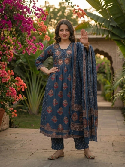 Indigo Blue Floral Cotton Anarkali Set with Bead & Sequin Embroidery, Palazzo & Printed Dupatta