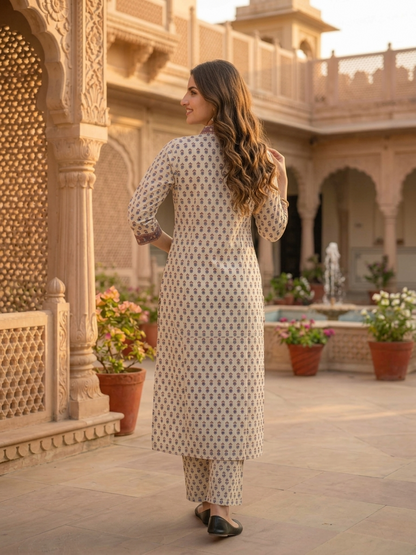 Beige Ethnic Floral Printed Cotton A-Line Kurta Set with Sequin & Embroidery, Shawl Collar, Palazzo & Printed Pure Cotton Dupatta