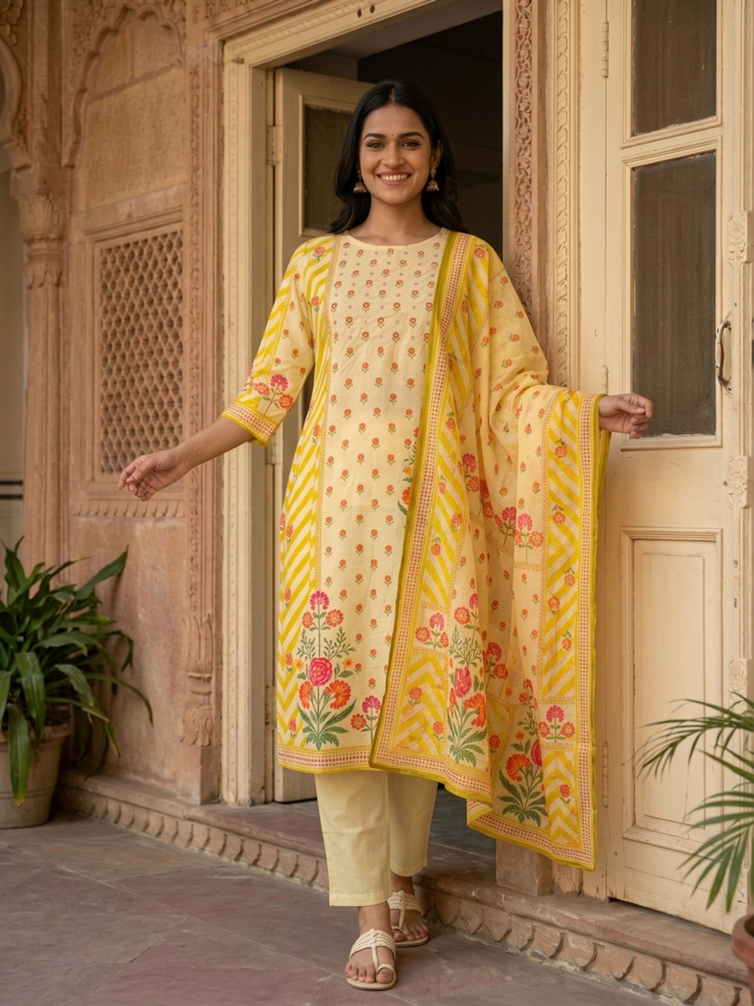 Lemon Yellow Floral Cotton Kurta Set with Embroidery, Pant & Printed Dupatta