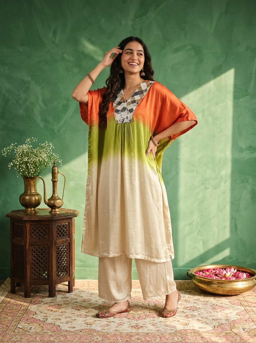 Ombre Printed Kaftan Kurta with Pants – Orange, Green &amp; Beige